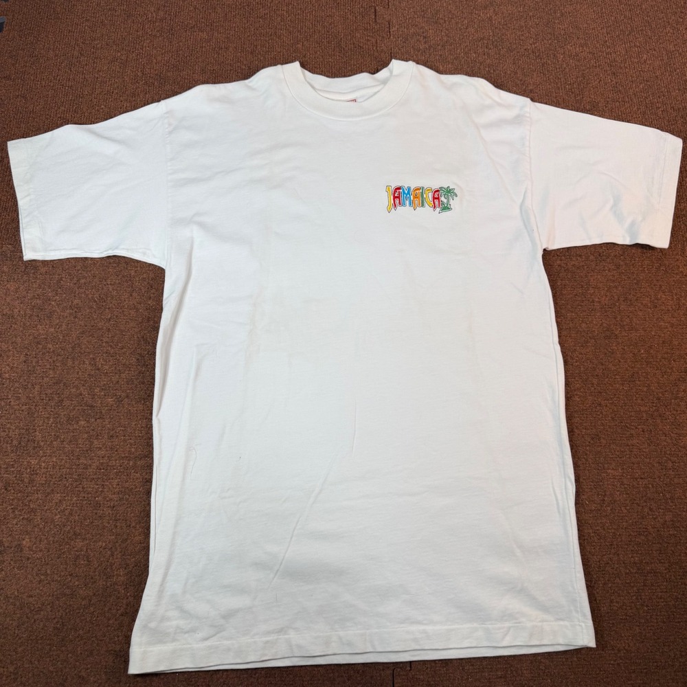 Hefty Sun Island Jamaica T Shirt Mens XL White Embroidered Palm Tree Vintage 90s